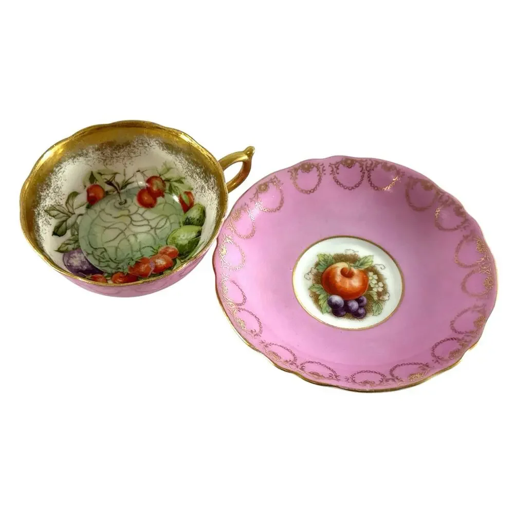 Royal Sealy Japan Pink Gold Gilt Fruit Teacup Saucer Set Vintage Porcelain